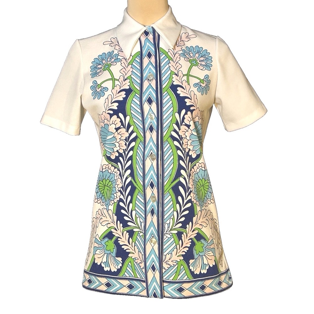 Vintage 1970s Smartique Blouse Psychedelic Floral Geometric Dagger Mod Retro 32